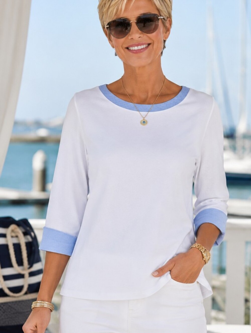 Nautica White Chambray Trim Cotton Top Size Large